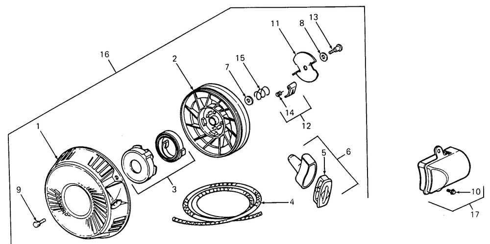 Rewind Starter Assembly Diagram and Parts List for 085 169110100-GMT Cub Cadet Generator